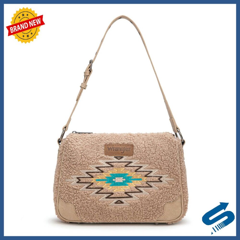 Embroidered Aztec Shoulder Purse With Zippered Pocket, 10.5x8